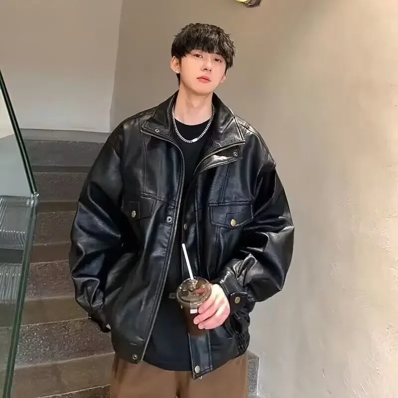 Vintage Men Leather Jacket PU Bomber Motorcycle Jacket Spring Autumn Windbreaker Oversized Women Coat Fashion Outwear 250611