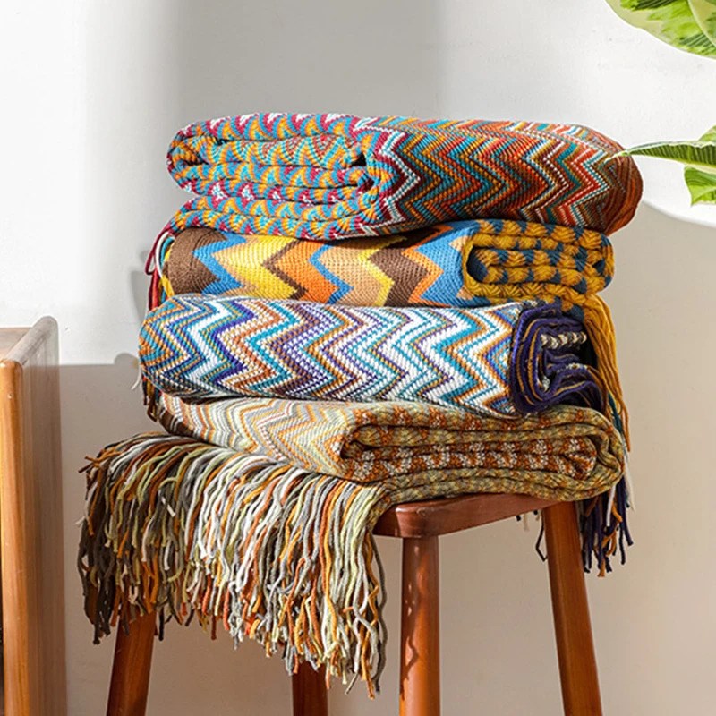 Retro Bohemian Knitted Striped Blanket Soft Plaid Blanket Sofa Decorative Throw Blankets with Tassel Blankets for Bed Bedspread 250604