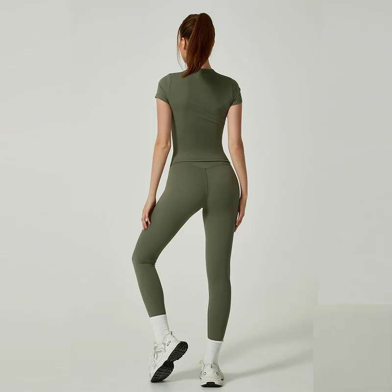 Two Piece Set Short Sleeve/Long Sleeve Fitted Top High-Waisted Leggings Active Yoga Wear Workout Clothes for Women Fiess