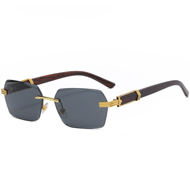 Women Luxury Rimless Sunglasses Rectangle Anti UV400 Color Lens with Wooden Grain Leg Unisex Retro Shades