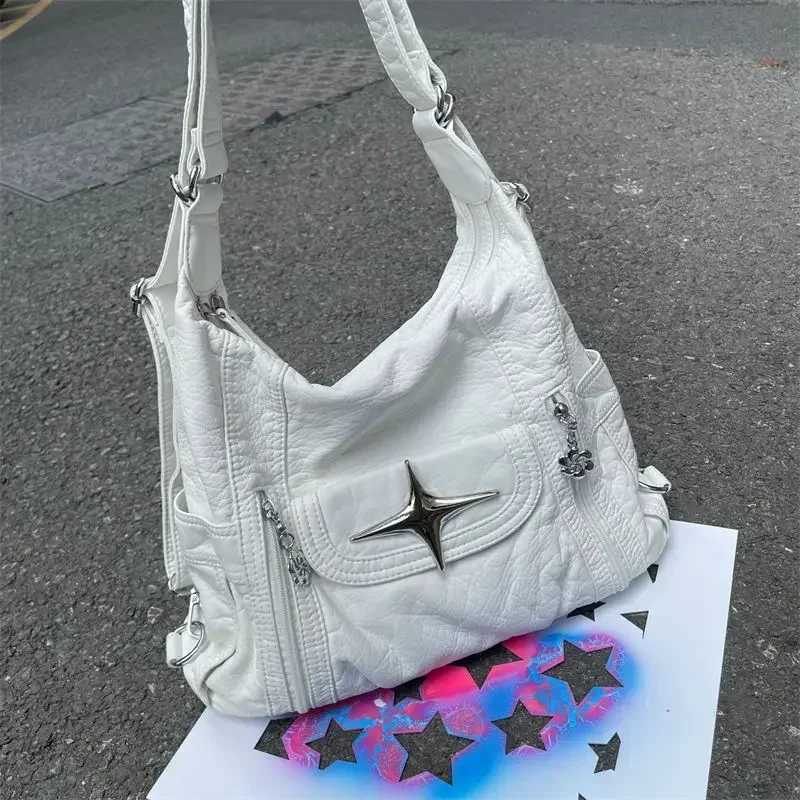 Y2k Large Capacity Shoulder Bag White Pu Leather Star Handbag American Style Punk Goth Fashion Simple Designer Handbag Tote Bag XJ250610