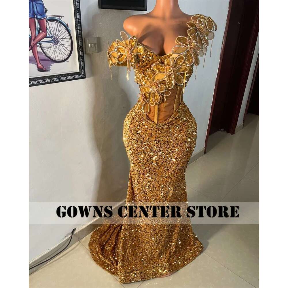 Sparkle Golden Aso Ebi African Evening Dresses Ruched Off The Shoulder Mermaid Formal Party Gowns Women 2025 Customized