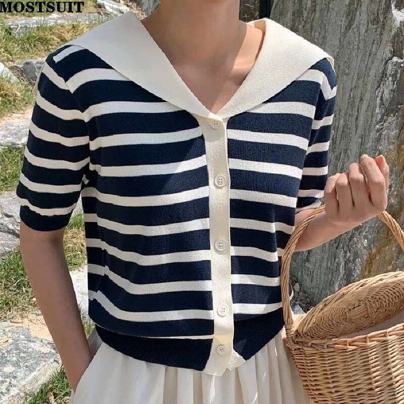 Korean Ice Silk Striped Knitted Sweater Tops Women 2023 Summer Short Sleeve Sailor Collar Knitwear Fashion Workwear Ladies Jumpe