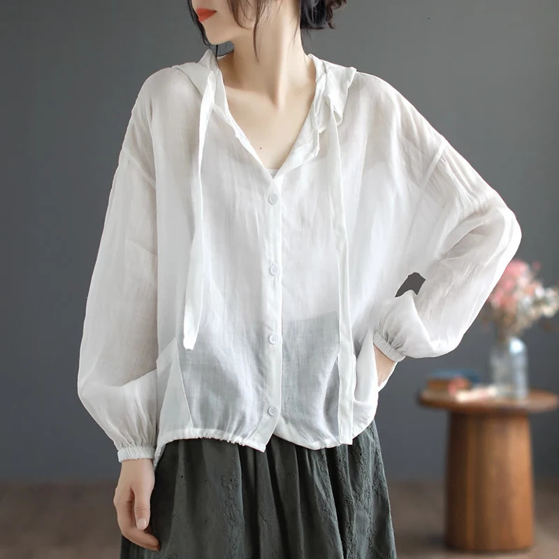 Thin section of cotton hemp hoodie female summer fashionable and elegant loose casual beach air conditioning sunscreen tops 250610