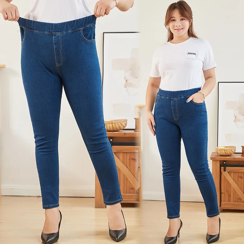 Plus Size Clothing L6XL Womens Elastic Waist Jeans High Waist Skinny Curvy Denim Mom Jeans Casual Pencil Pants Lady Trousers 250609