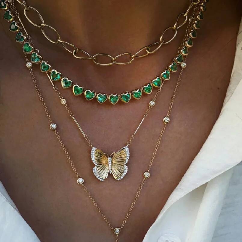 Green White CZ Bezel Heart Shaped Tennis Chain Choker Necklace For Women Geometric Classic Jewelry