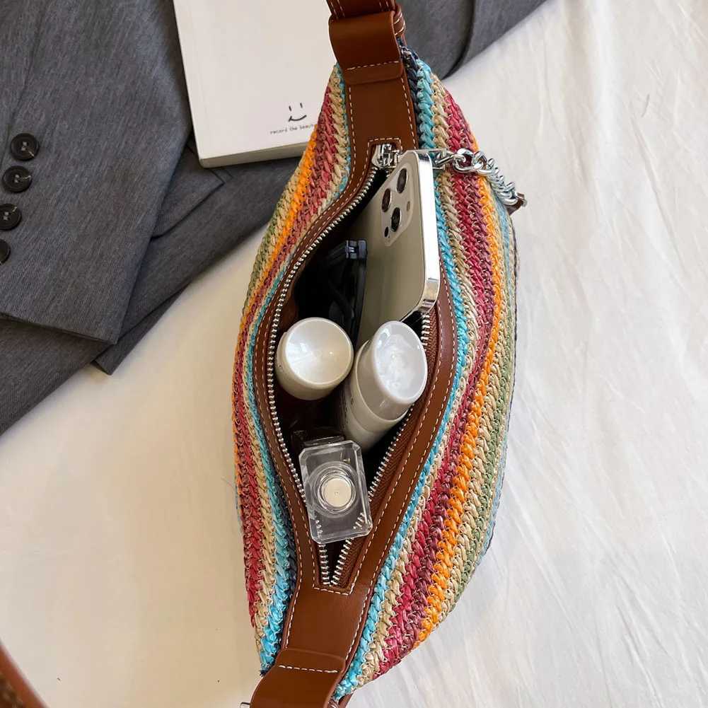 Women Simple Straw Beach Bag Adjustable Strap Crochet Hobo Bag Contrast Color Weaving Satchel Bag Ladies Summer Daily Bag XJ250610