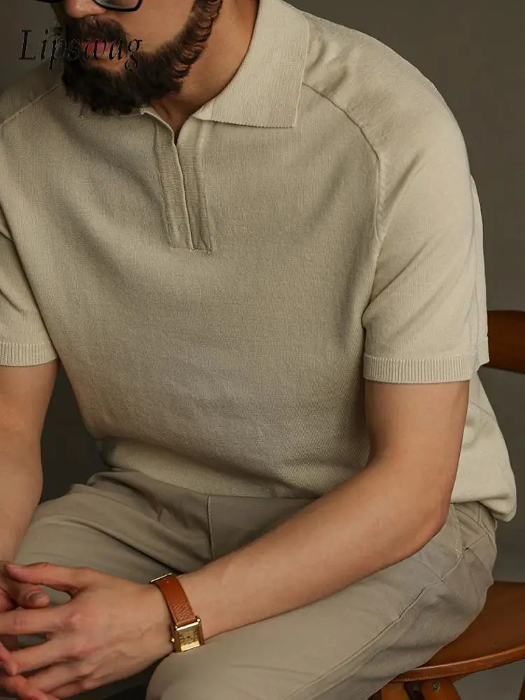 Trendy Slim Mens Short Sleeve Polo Shirt Summer Stylish Zipper Lapel Knitted Shirts For Men Solid Color Polos 250610