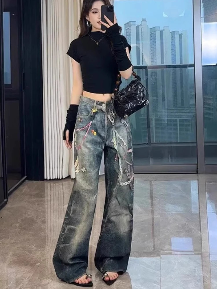 Korean Candy Chain Print Straight Leg Jeans Womens Harajuku Streetwear Y2k Baggy Jeans Hip-hop Retro Punk Wide-leg Pants Unisex 250611