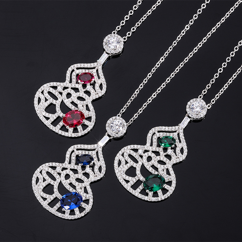 S925 Silver Faux Colored Gemstone Full Diamond Gourd Hollow Pendant Necklace, 6x8mm Main Stone, Exquisite Fashion Luxury Design, Perfect for Any Occas