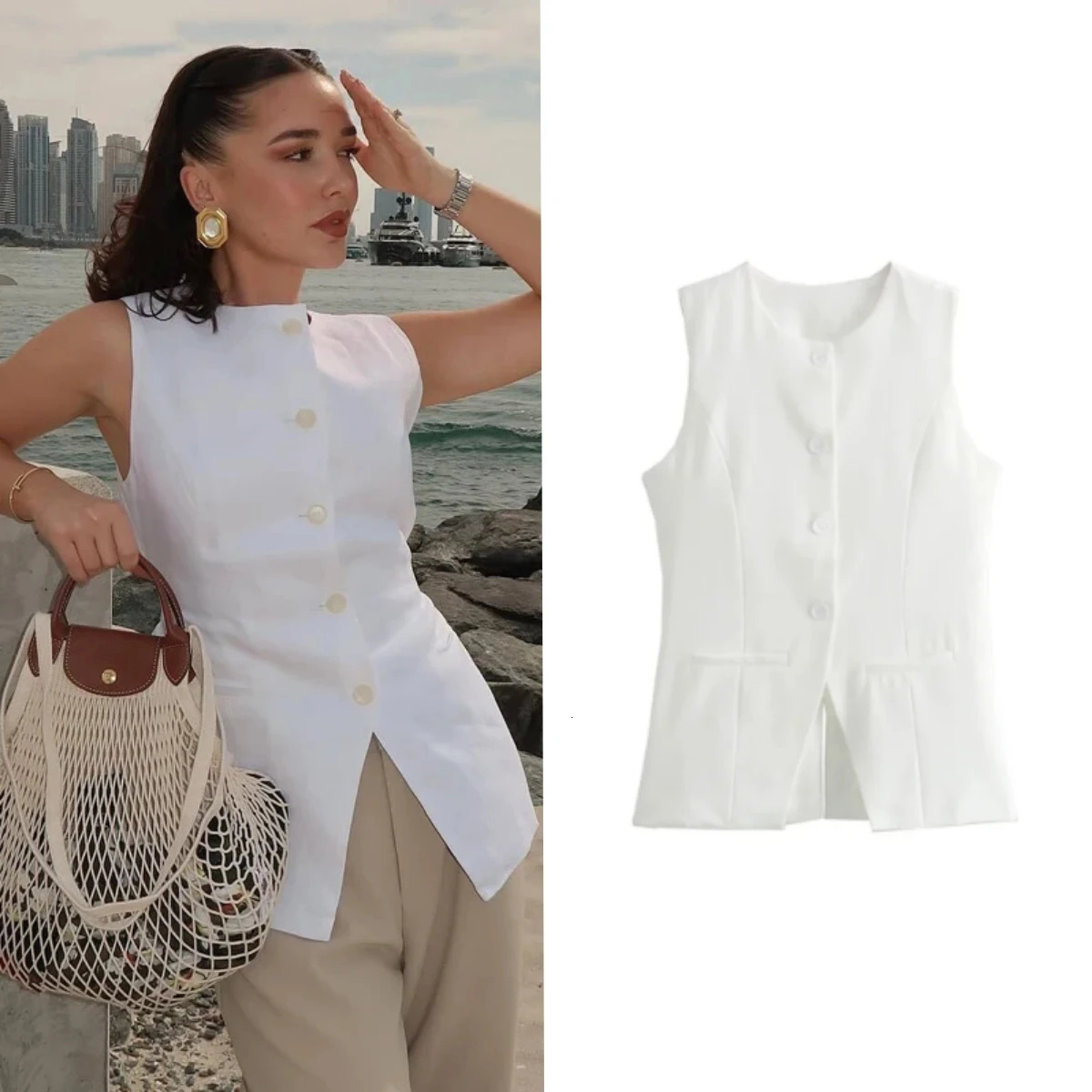 Office Blazer Vest | 2Color Stretch Waistcoat for Summer Women Workwear Breathable Linen with Hidden Pockets 250610