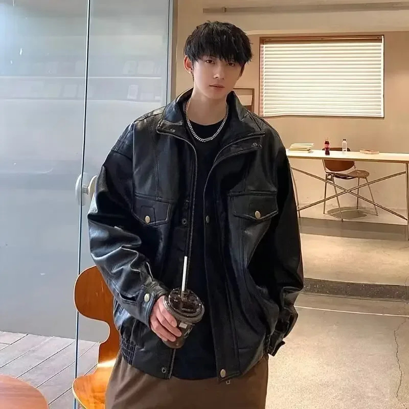 Vintage Men Leather Jacket PU Bomber Motorcycle Jacket Spring Autumn Windbreaker Oversized Women Coat Fashion Outwear 250611