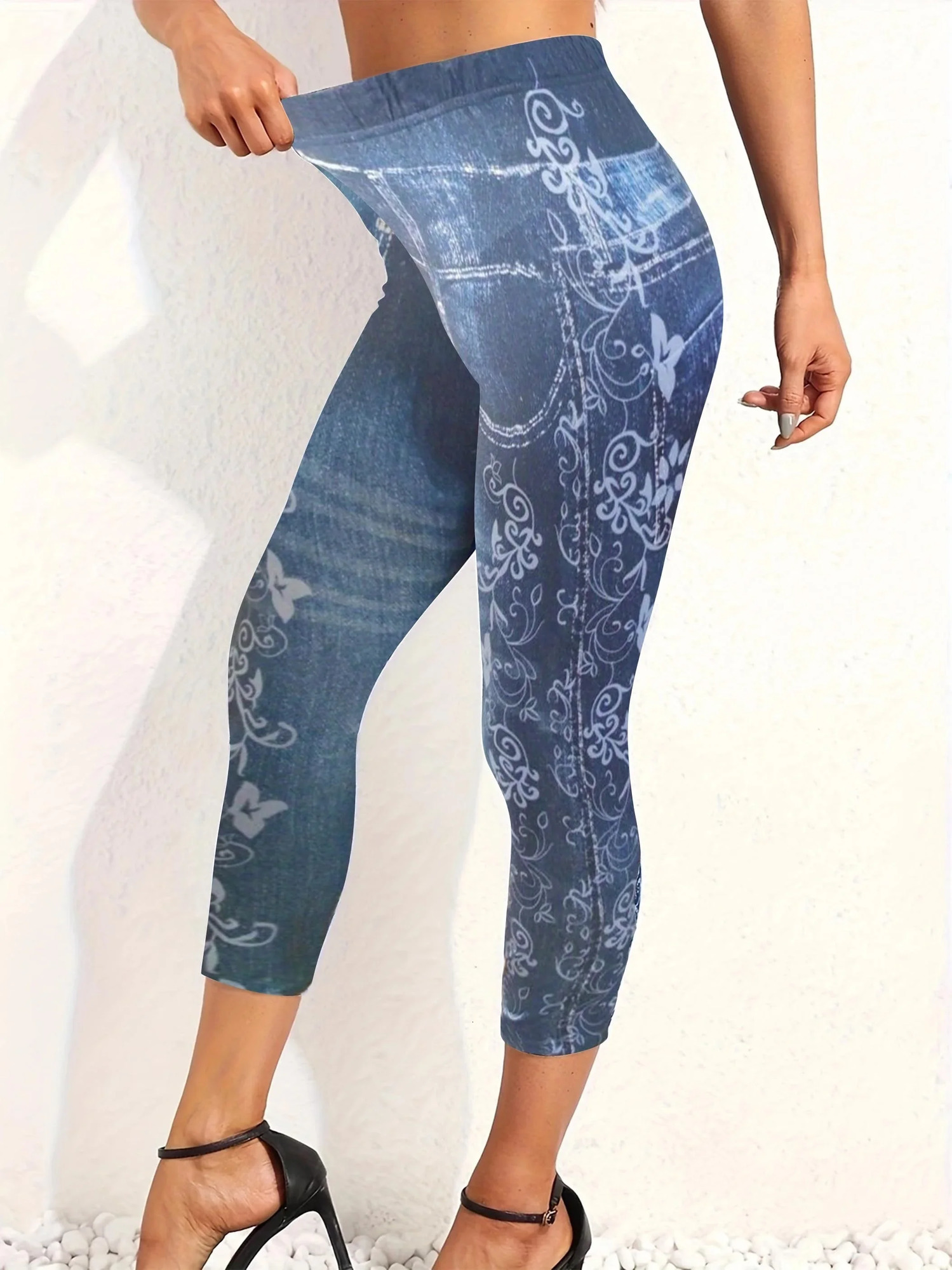 Plus size summer tight fitting European and American floral print denim blue high waisted leggings 250609