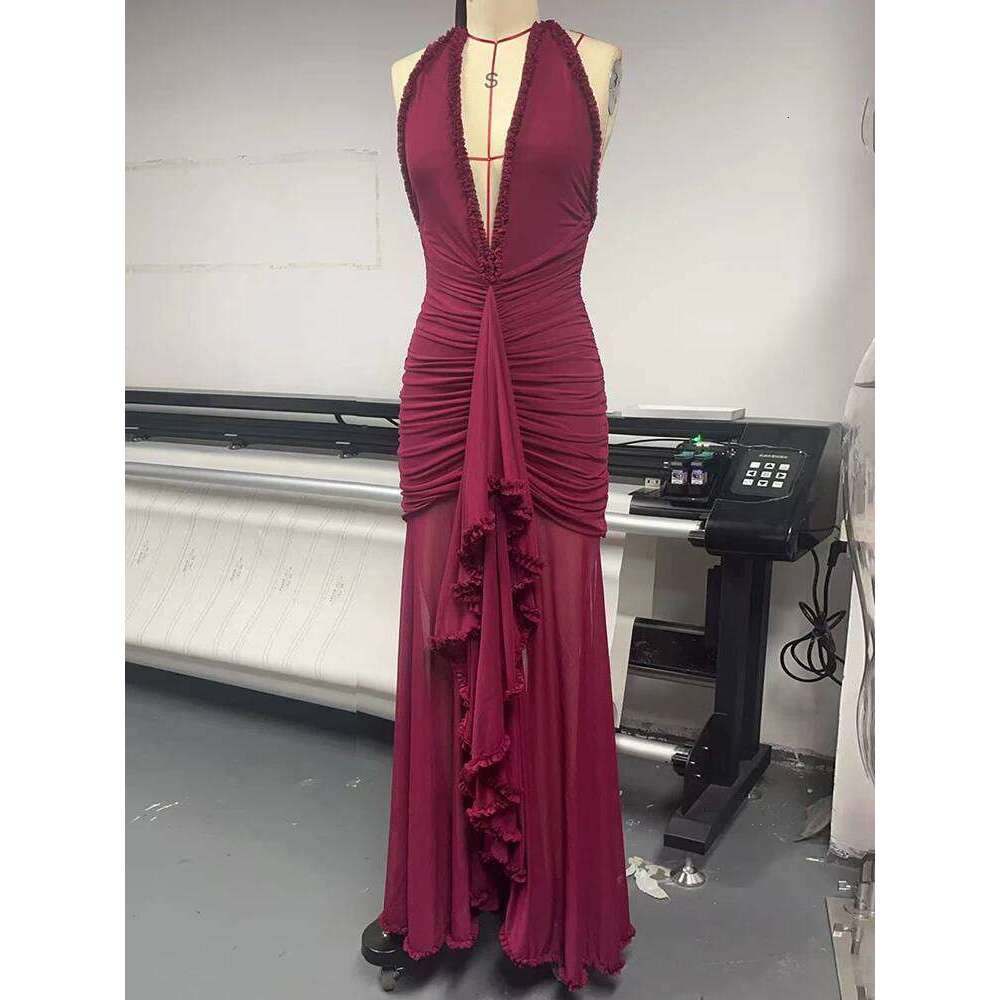 Mozision Elegant Halter Deep V Neck Sexy Maxi Women Fashion Sleeveless Backless Ruched Evening Club Party Long Dress