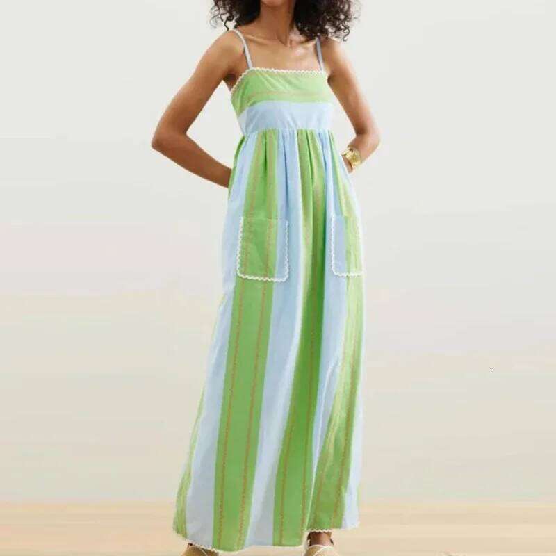 Elegant Suspenders Contrast Lace Stripe Bohemian Summer Retro Backless Hollow Pocket A-line Maxi Dress For Women 2025