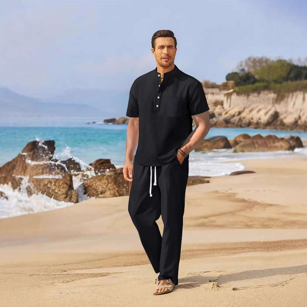 Spring/Summer New Men's Loose Casual Cotton Linen Short Sleeve Long Pants Set B5