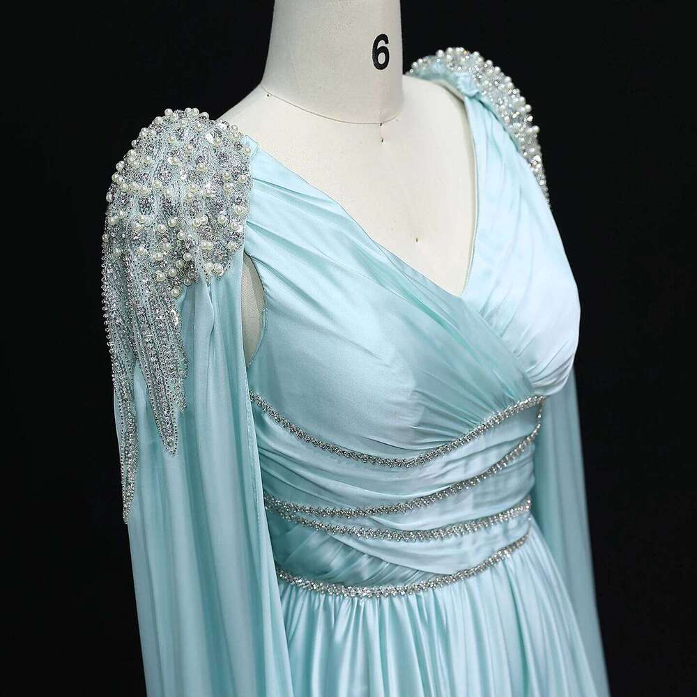 Sharon Said Crystal Rose Gold Evening Dress with Cape Elegant V-Neck Turquoise Women Wedding Party Gown SS589 Customized