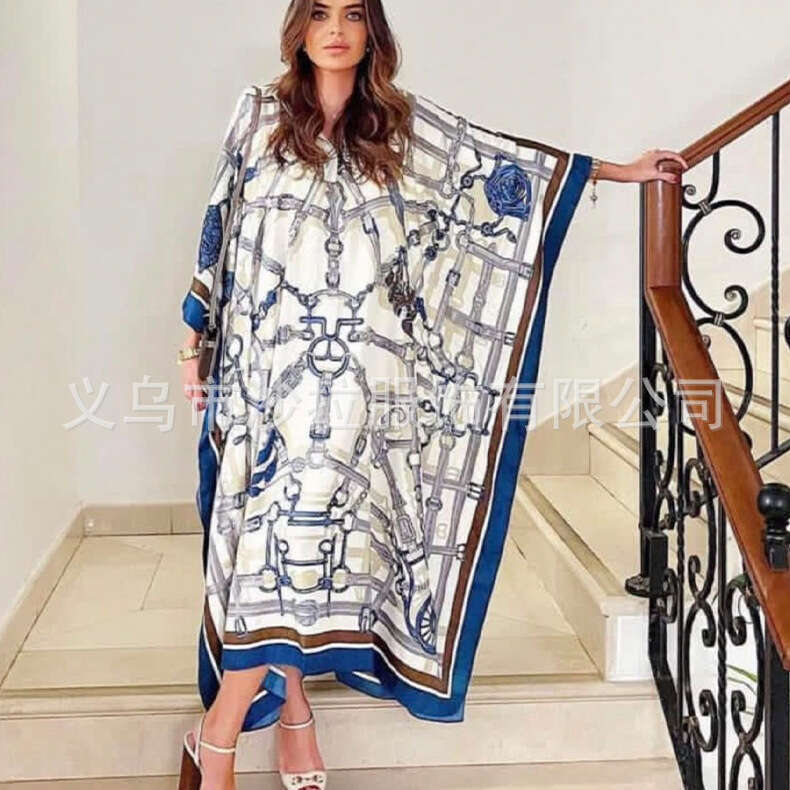 2025 Cover-Up Printed Vacation Beach Loose Long Dress Bikini Sunscreen Shirt Caftan