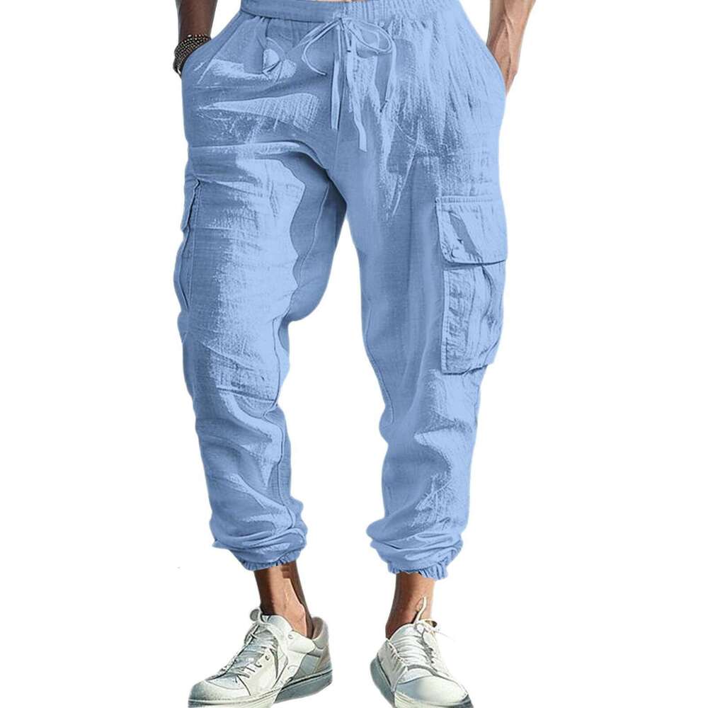 Men's Casual Jogger Pants With Multiple Pockets Drawstring, Solid Color, Loose Fit, Workwear Style, Spring And Autumn Cotton Linen B5