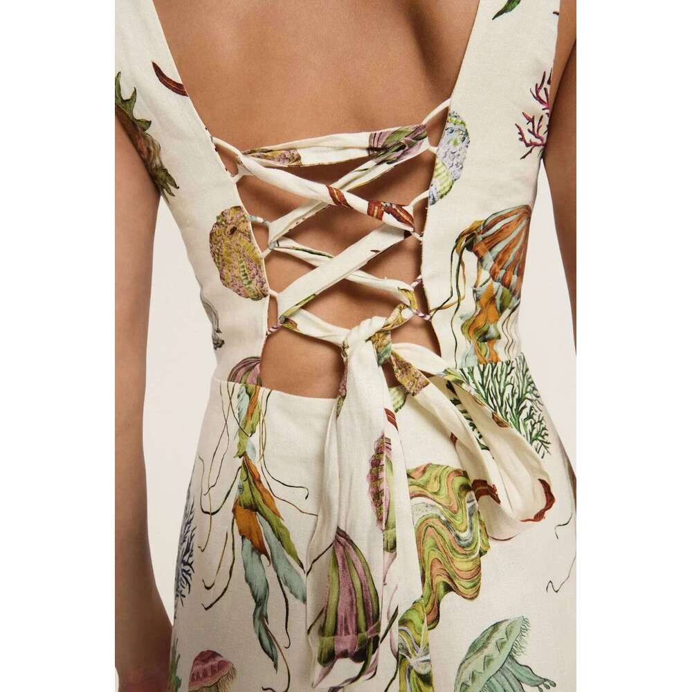 Women Sexy Backless Lace-Up Ocean Life Printed Linen Short Dress