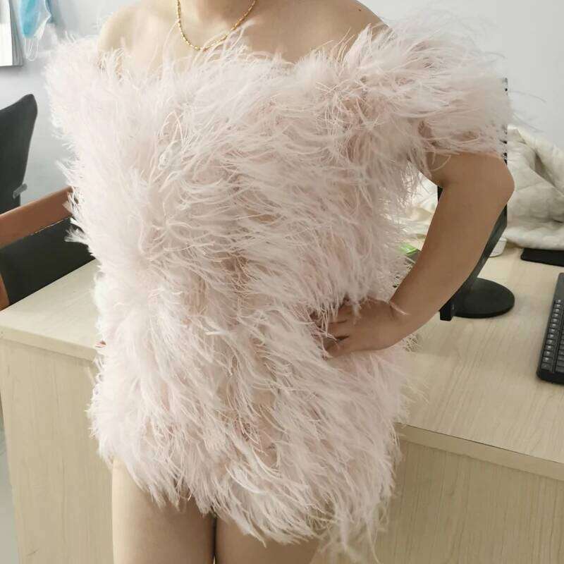 Sexy 100% Natural Hair Short Sleeves Women's Coat Low Chest Off Shoulder Dress Real Ostrich Fur Mini Skirt