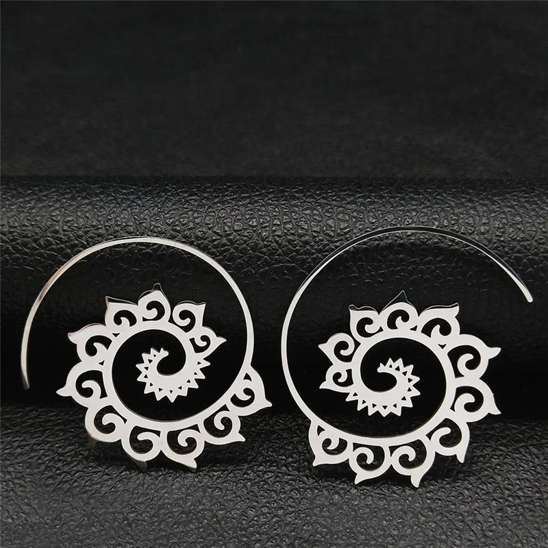 Indian Tribal Ethnic Stainless Steel Spiral Hoop Earrings Bohemian Mandala Flower Boho Earrings Women Jewelry aros mujer E9205 250610