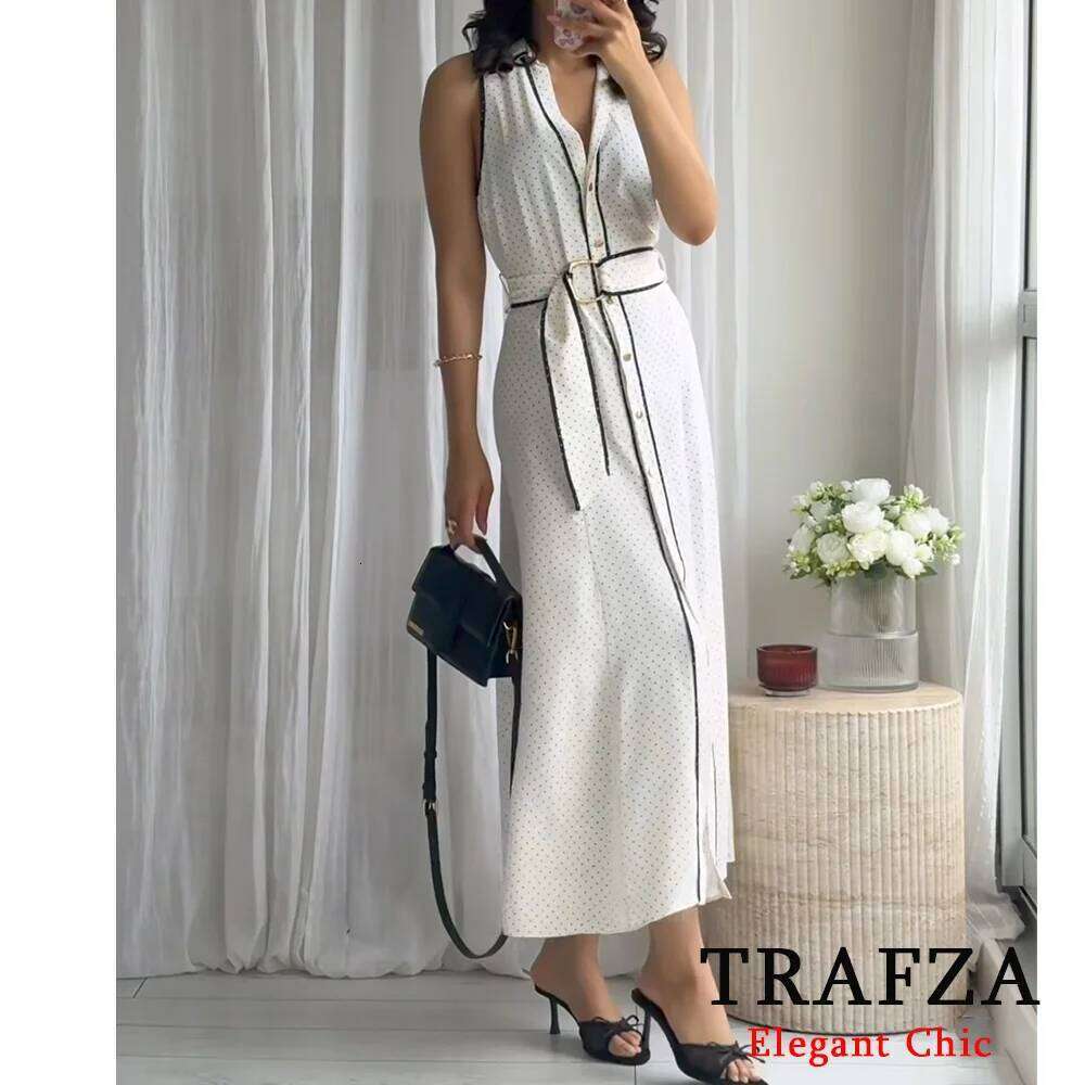 TRAFZA Women Vintage Polka Dot Sleeveless V-neck Belt Midi 2025 Summer Fashion Elegant Holiday Beach Mujer Dress