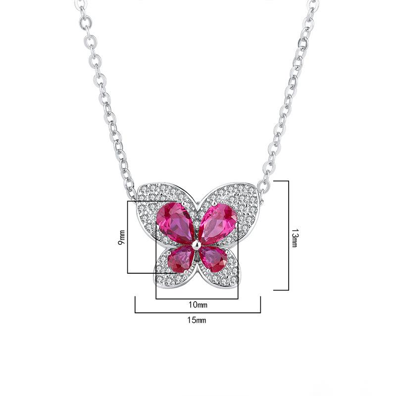 New S925 Silver Butterfly Pendant Necklace, Faux Pigeon Blood Ruby with Full Diamond Inlay, Elegant and Stylish Jewelry for Women