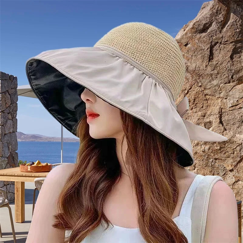Women s Wide Brim Sun Hat with Bowknot Ribbon Lightweight Foldable UV Protection Bucket Hat for Outdoor Activities 250610