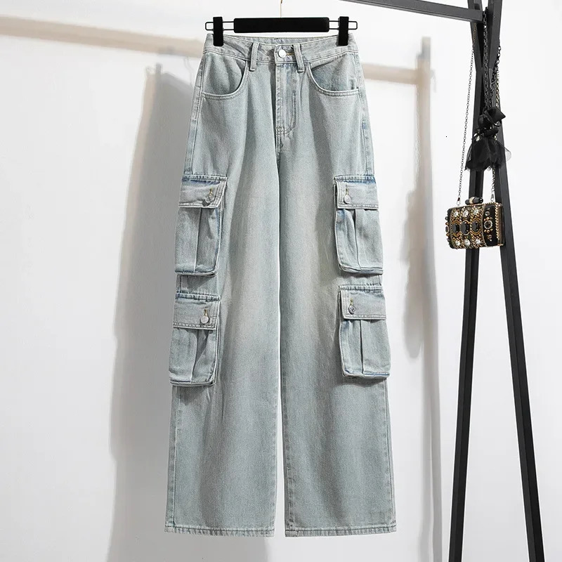 Plus Size Washed Pure Color Womens Low Waist Straight Leg Jeans Multiple Pockets Loose Fit Workwear Trousers Autumn plus Size 250609