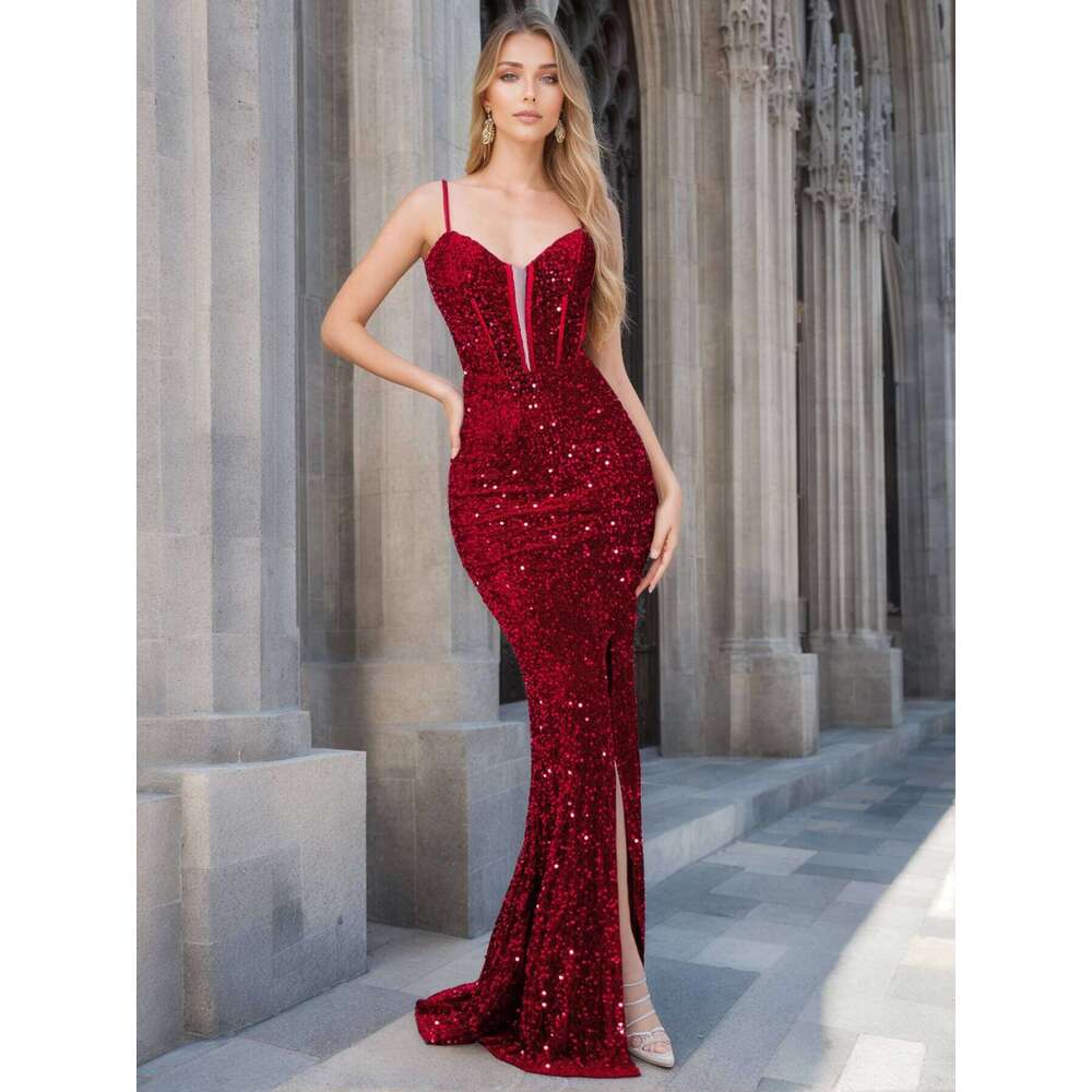 Romagic Deep V Neck Open Back Wedding Party Gown 2025 Event Dresses Sleevless Sequin Stretchy Graduation tail Prom Dress