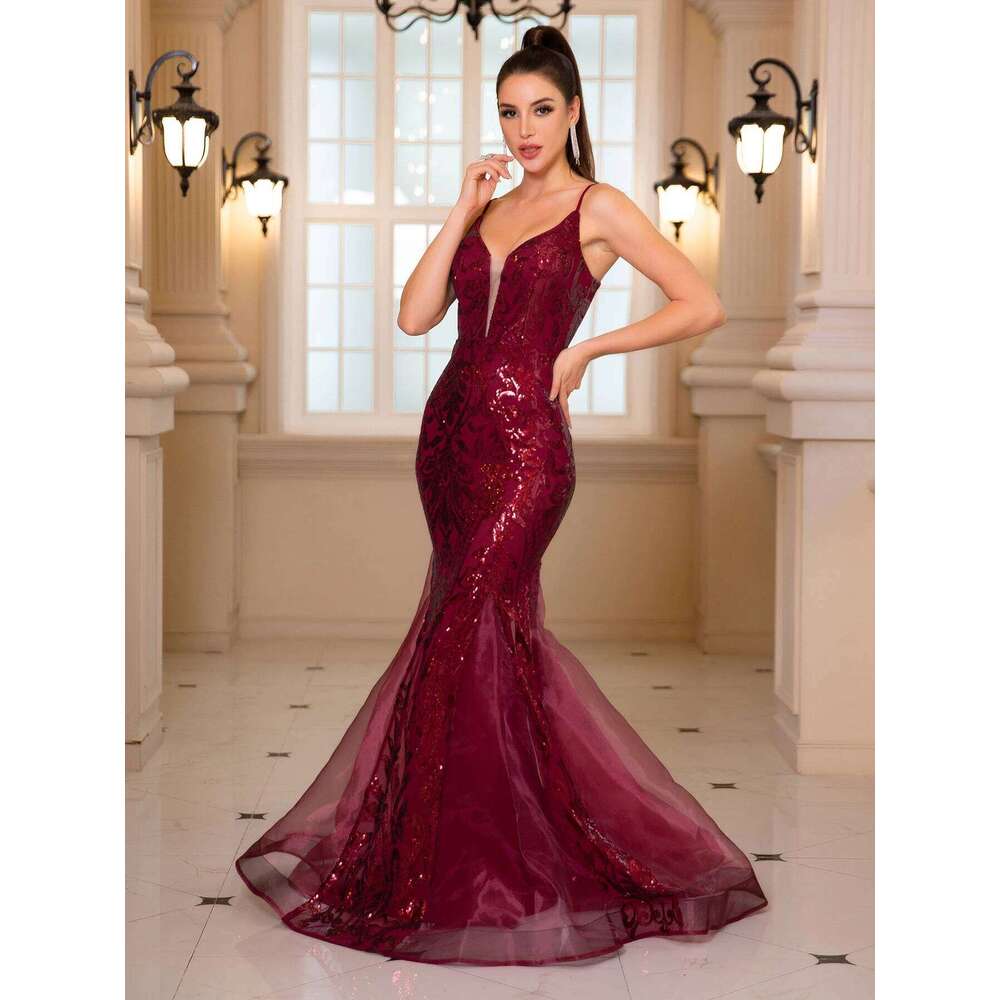 Romagic Deep V Neck Sleeveless White Wedding Party Dress Spaghetti Strap Sequined Evening Gown Women Maxi Dresses 2025