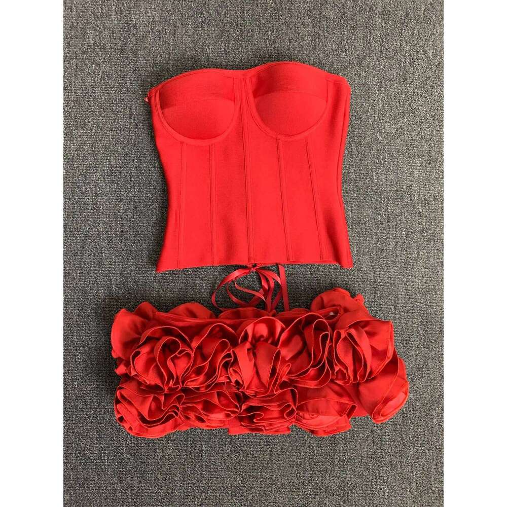 Women Red Bodycon Bandage Outfits Club Party Strapless Laced Up Back Tops And Mini Short Skirts Two Piece Sets Nightwears