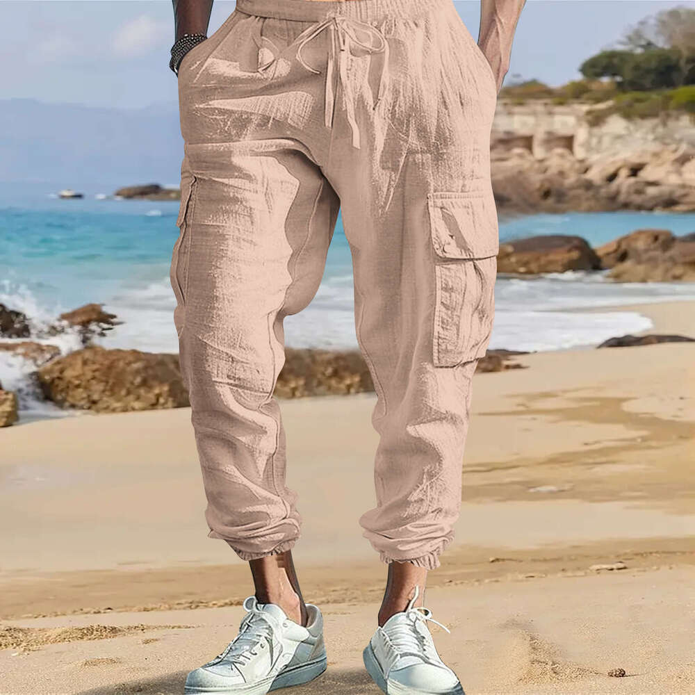 Men's Casual Jogger Pants With Multiple Pockets Drawstring, Solid Color, Loose Fit, Workwear Style, Spring And Autumn Cotton Linen B5