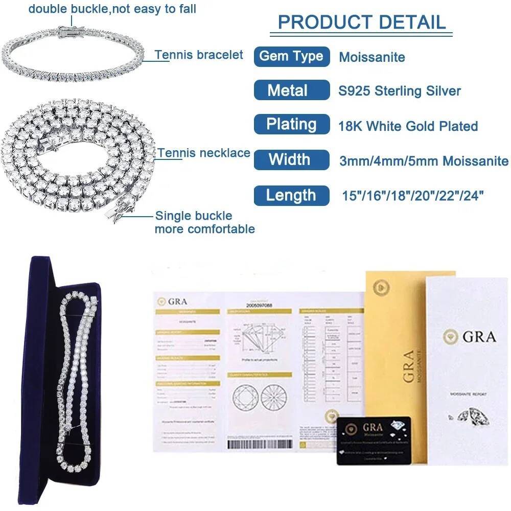2.5-6.5mm Real Moissanite Tennis Necklace For Women Men D Color Lab Dia S Sier Neck Chain Jewelry With GRA Certificate