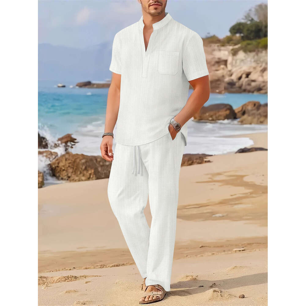 Spring/Summer New Men's Loose Casual Imitation Linen Short Sleeve Long Pants Set B5
