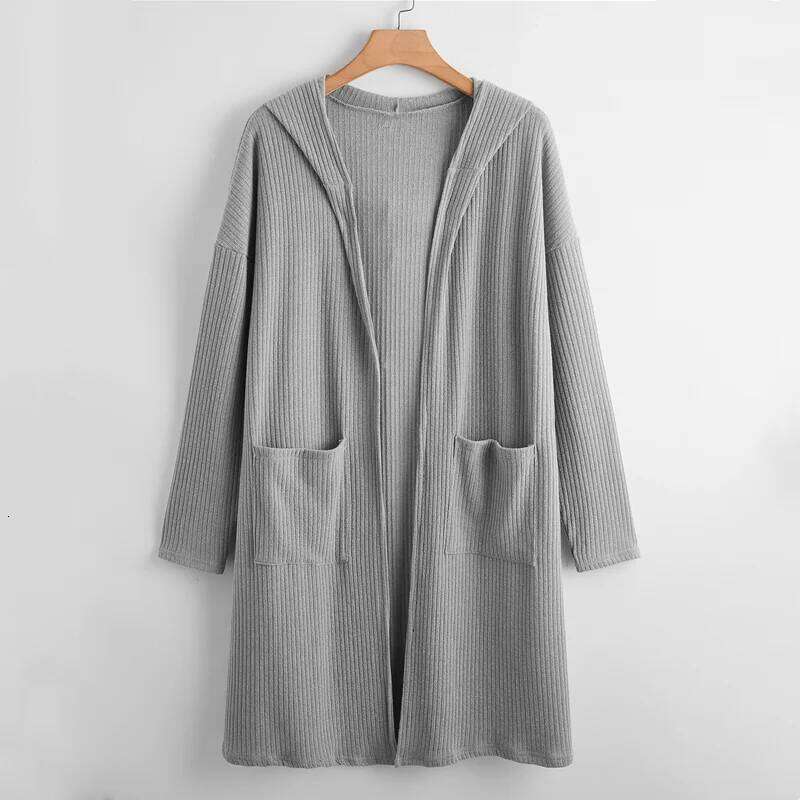 Plus Open Spring Autumn Hooded Cardigan Long Sleeve Pocket Front Ribbed Knit Loose Duster Coat Jacket Large Size 7Xl