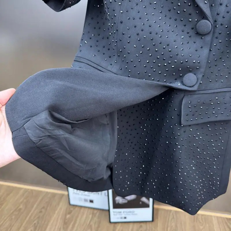 GetSpring Women Blazer Autumn Single Breasted Short Sleeve Diamonds Ladies Black Coat Fashion Womens Suit Jacket 250610