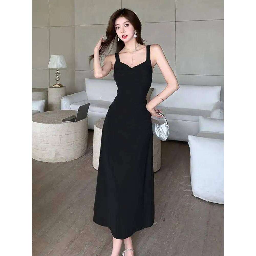 Summer 2025 Black V Neck Elegant Festival Pleated Sexy Party Women Rose Red Sleeveless High Waist Backless Slip Long Dress