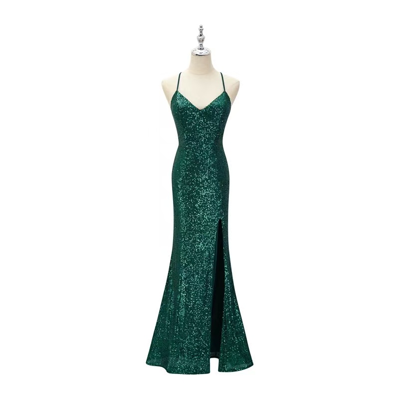 New sequined evening gown, sexy backless strap, European style long floor-length fishtail floor-length, hostess banquet, red color