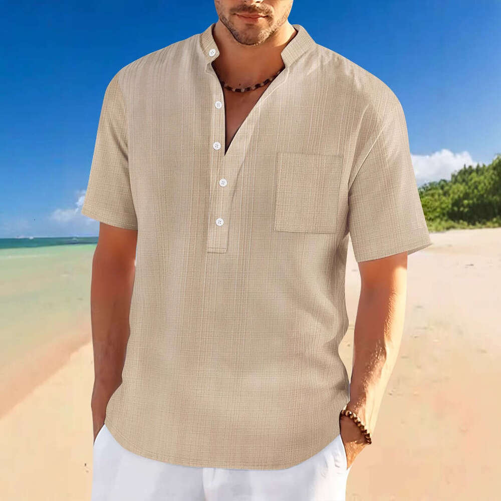 Spring Summer Men's Stand Collar Short Sleeve Loose Casual Vacation Henley Shirt Men B5