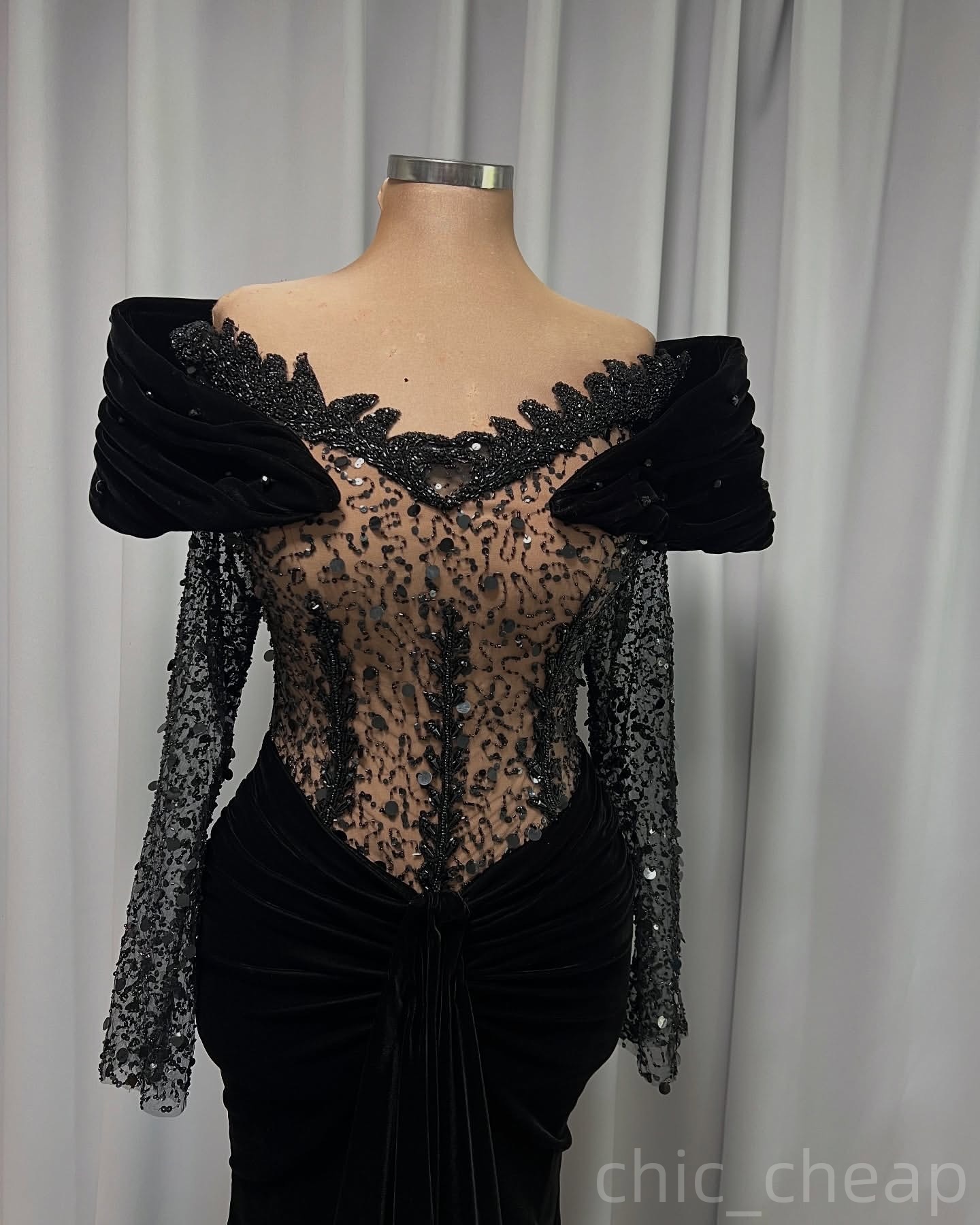 Black Mermaid Prom Dresses 2025 Lace Sequined Velvet Full Sleeves Evening Formal Party Second Birthday Engagement Gowns Plus Size Dress For Special Oc