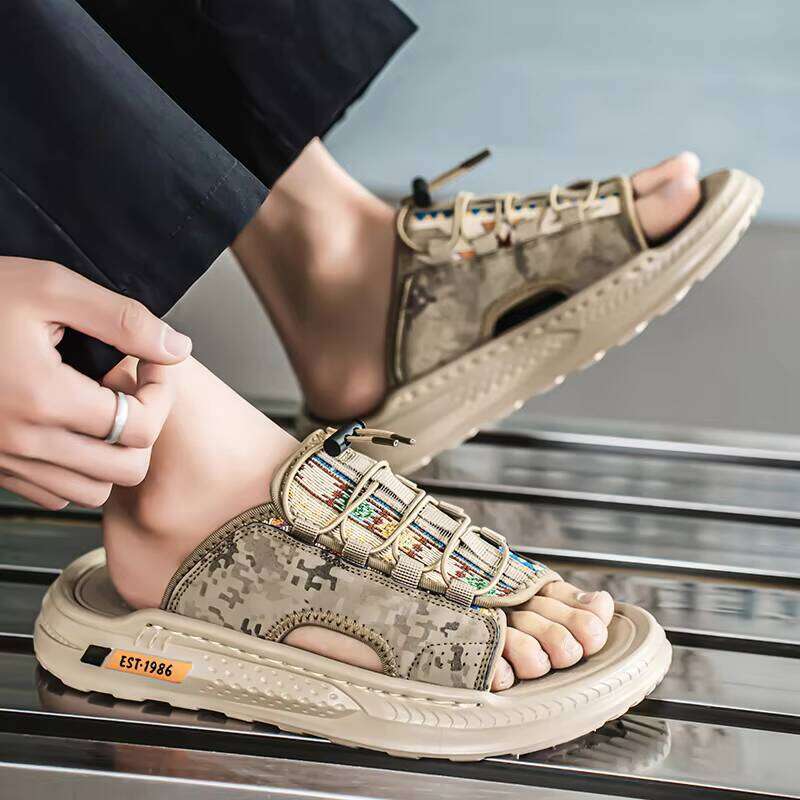 Wholesale Men's Handmade Outdoor Casual Slippers Men Lace-up Summer Beach Slipper