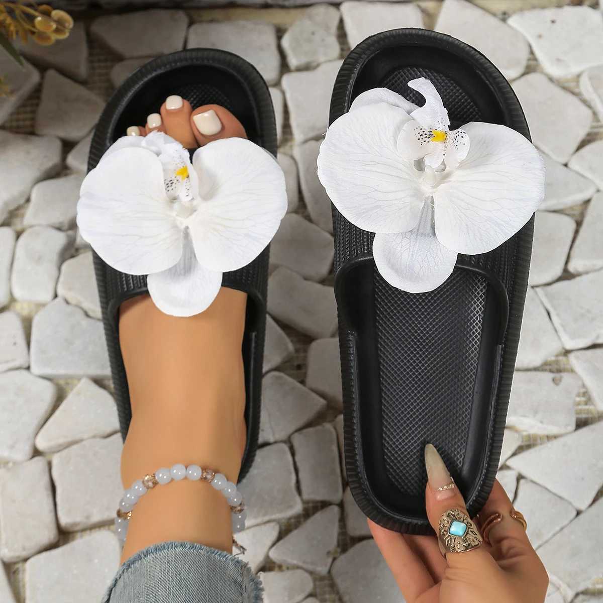 Romantic Phalaenopsis flower women popular slippers beach party sister sweet versatile comfort soft flat thick sole slippers XJ250610