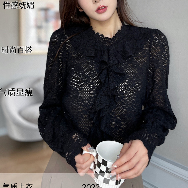 XR135 Lace Bottoming Shirt for Women Spring Inner Wear Outer Wear Hollow Long Sleeve Design Top