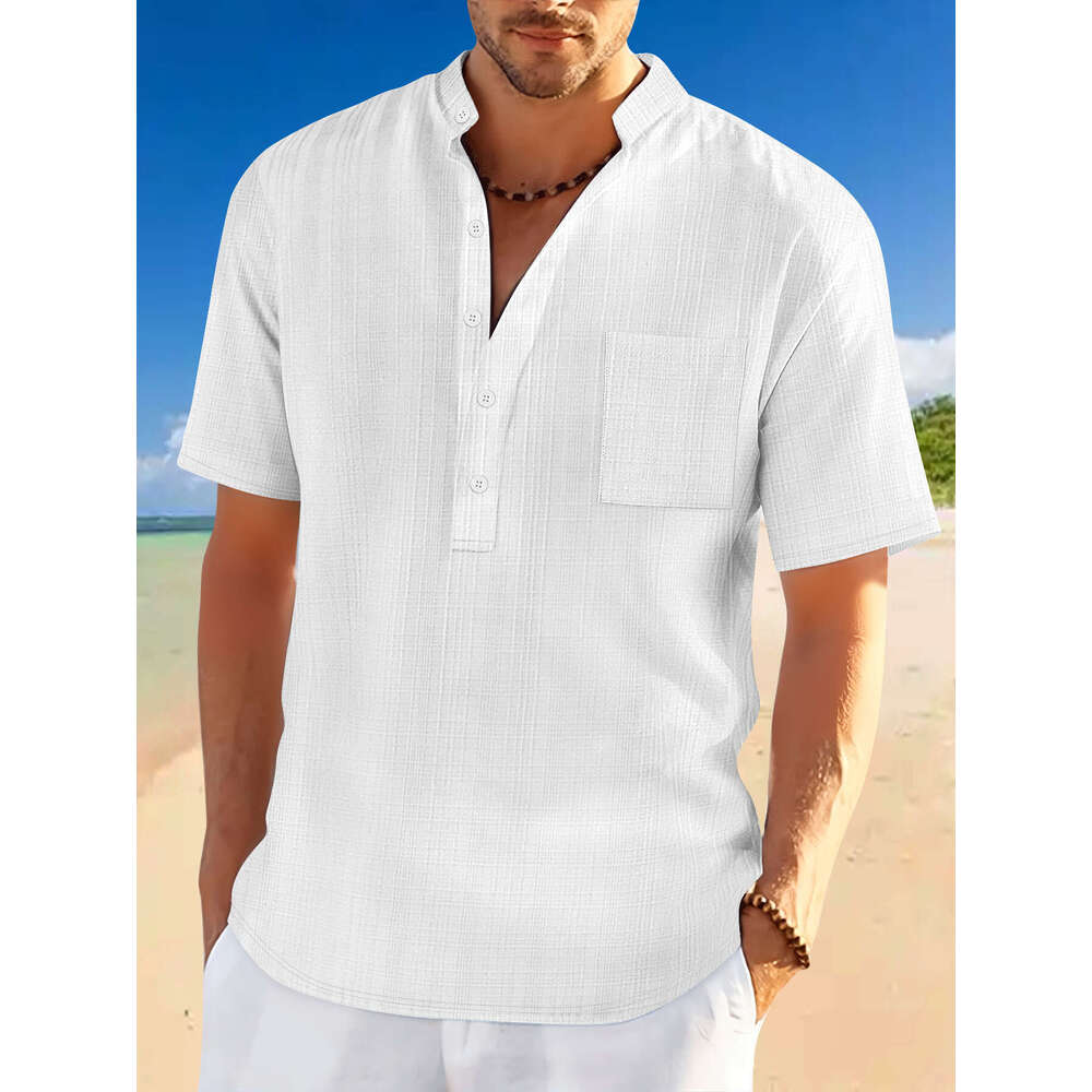 Spring Summer Men's Stand Collar Short Sleeve Loose Casual Vacation Henley Shirt Men B5