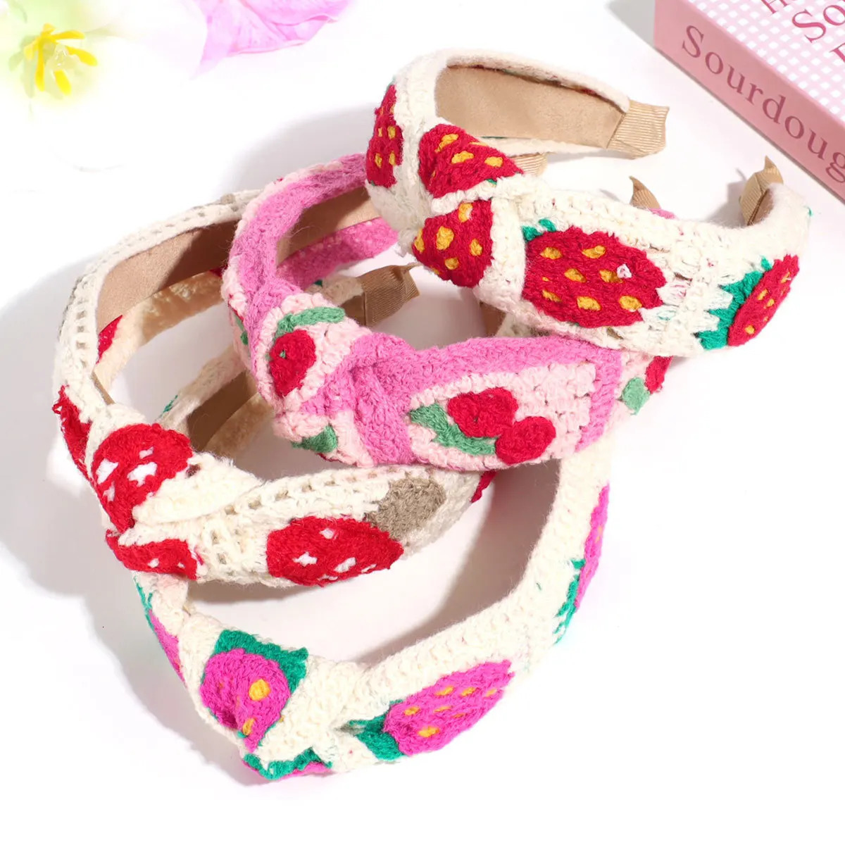 Bohemian Style Wide Knitting Flower Hairbands Sweet Knotted Headbands Strawberry Cherry Sunflower Holiday Hair Hoops For Women 250610