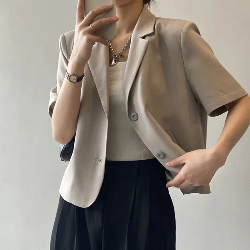 Summer Thin Short Sleeve Blazer Women Casual Single Breasted Jacket Woman Korean Solid Color Office Suit Coat Ladies 250610