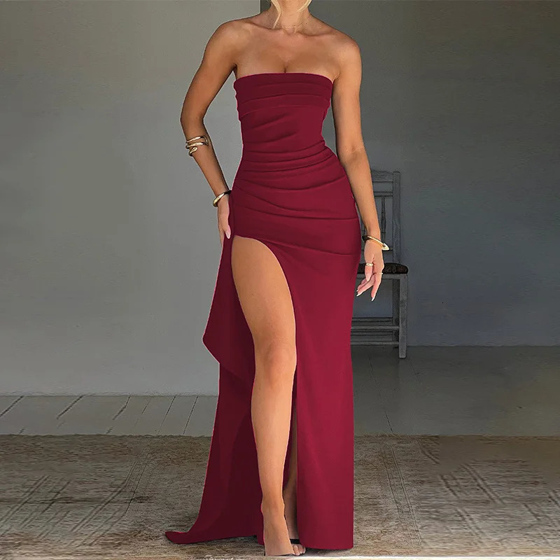 women Summer Slash Neck Strapless Party Evening Dress Casual Sleeveless High Slit Long Elegant Backless Sexy 250611
