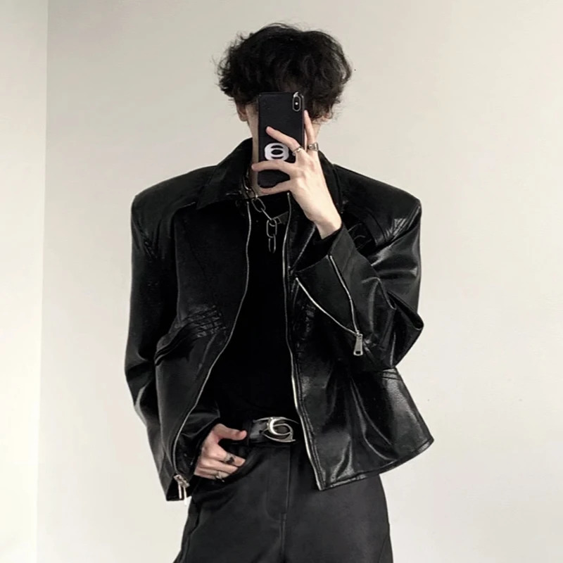 FEWQ High Street Mens PU Leather Coats Lapel Solid Color Pleated Shoulder Pads Menswear Loose Male Jackets 24K3041 250611